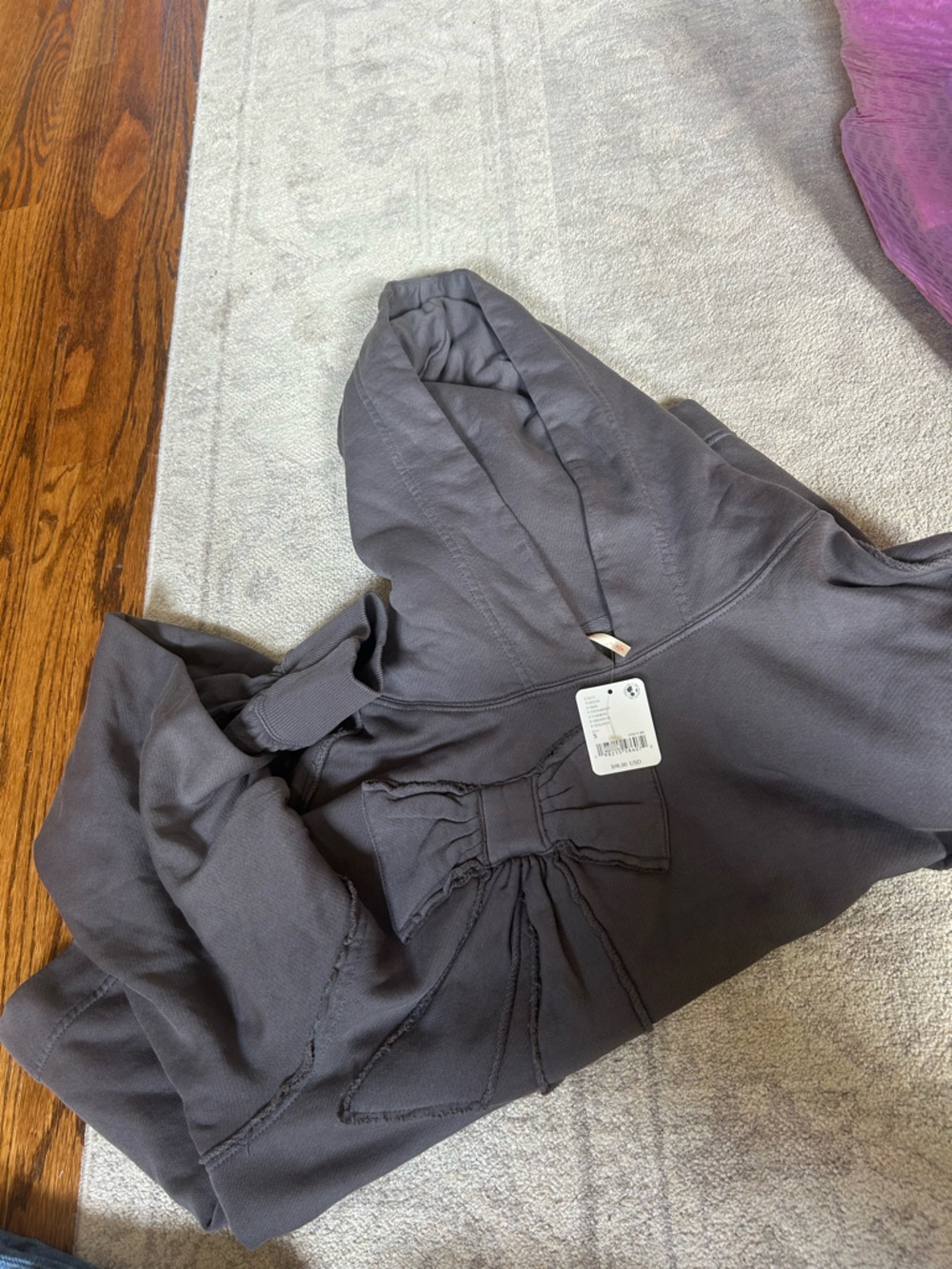 Free People Gray Hooded Sweater with Bow Detail